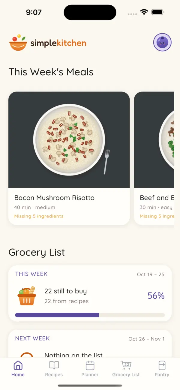 Home: this week's meals and the grocery list's progress
