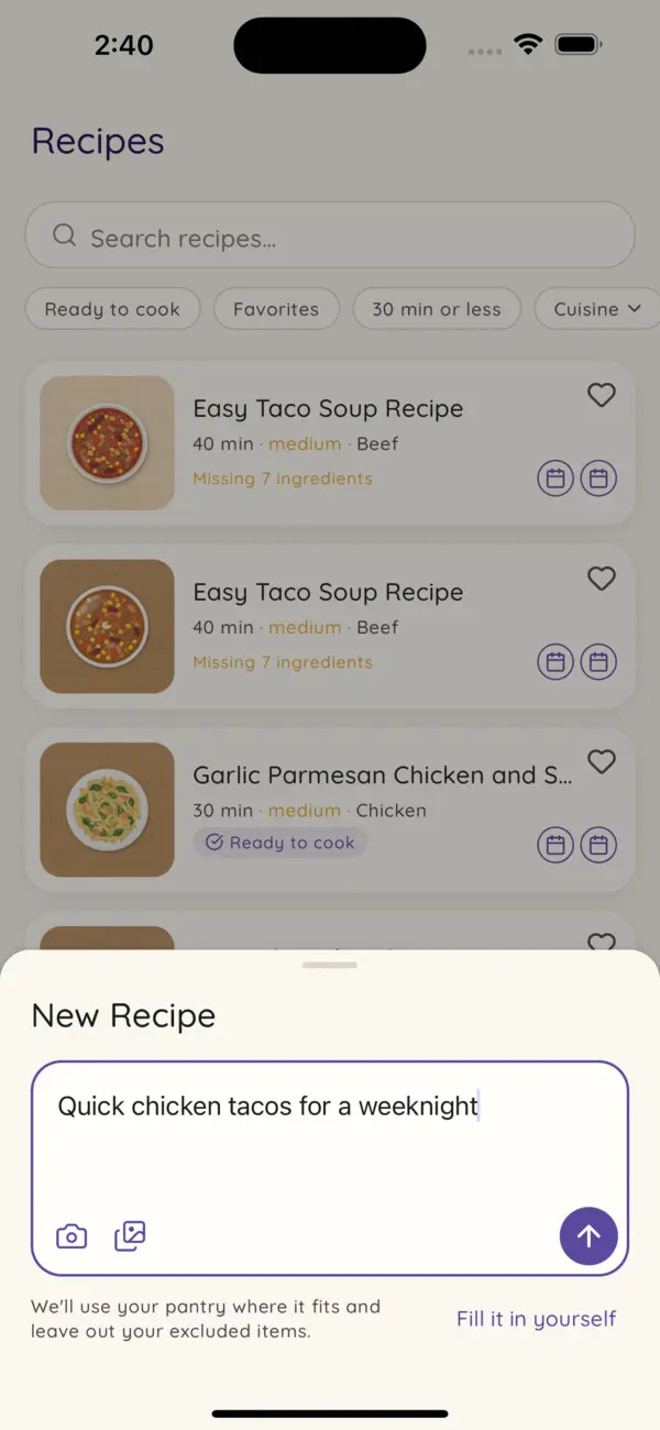 New Recipe: type a dish, paste a recipe, or add photos