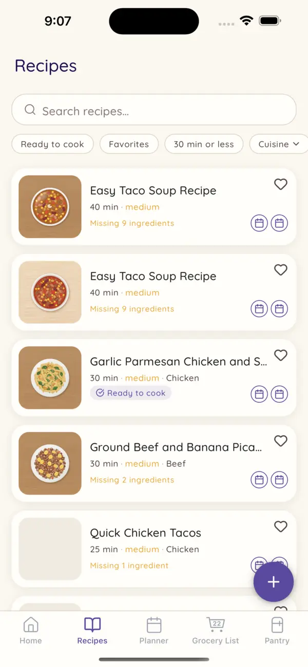 The Recipes tab: a list of recipes, each showing how many ingredients you're missing or that it's ready to cook