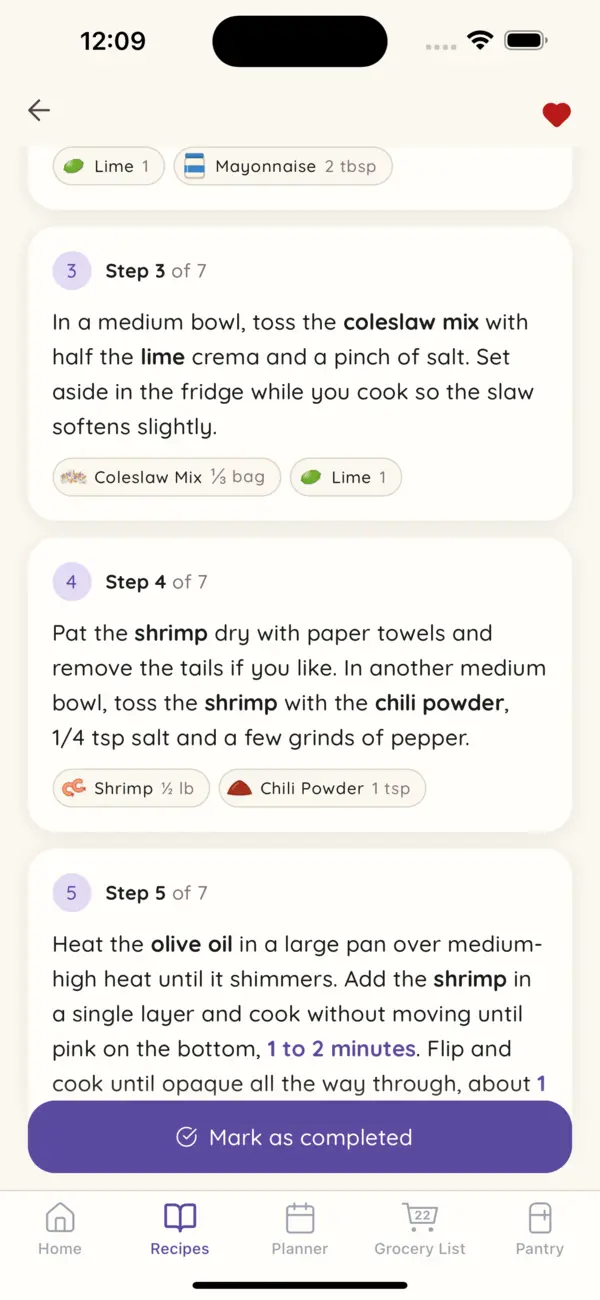 A recipe's steps, each with its ingredients and amounts